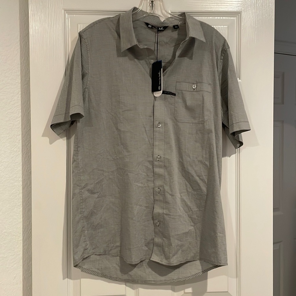 New Travis Mathew “Take Away” Grey Button Short Sleeve Shirt Pinstripe Large L